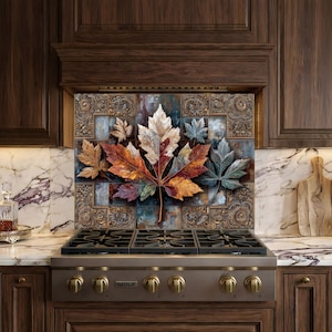 Autumn Leaves Glass Backsplash Vintage Botanical Kitchen Panel Ornamental Tile Wall Decor Heat Resistant Glass