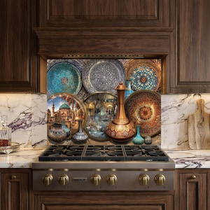 Ottoman Mosaic Plate Tempered Glass Backsplash, Turkish Ceramic Pattern Kitchen Splashback, Middle Eastern Decor