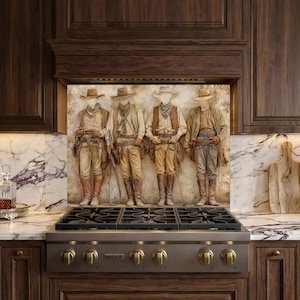 May include: A kitchen backsplash features a relief sculpture of four cowboys in hats and boots. The cowboys are dressed in tan and brown clothing, with holsters and bandanas. The backsplash is above a stainless steel gas range with brass knobs.