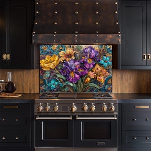 Iris Flower Glass Kitchen Backsplash – Vintage Botanical Oil Painting Style