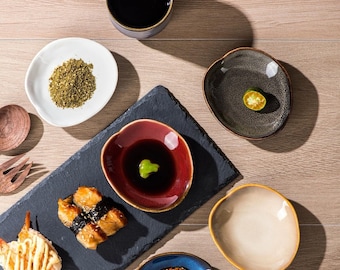 Juego de platos de cerámica para salsas, cuencos japoneses para mojar, platos pequeños para condimentos, vajilla hecha a mano.