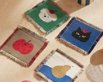 Handwoven Animal Fruit Coasters – Textured Fabric Table Mats, Fringed Edges, Home Decor