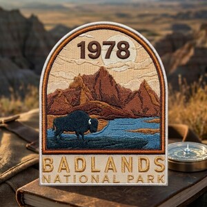 May include: An embroidered patch featuring a landscape of Badlands National Park. The design includes a dark bison, brown mountains, a blue river, and a pale sun. The text 1978 is at the top, and the words BADLANDS NATIONAL PARK are at the bottom.