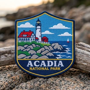 May include: A shield-shaped embroidered patch featuring a lighthouse, a red-roofed building, and rocky cliffs against a blue sky with white clouds. A small sailboat is on the water. The text ACADIA NATIONAL PARK is printed in white and yellow.