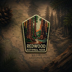 May include: A pentagonal embroidered patch featuring a forest scene with tall redwood trees, a winding path, and green foliage. The text REDWOOD NATIONAL PARK is stitched in cream-colored thread against a dark background at the bottom of the patch.