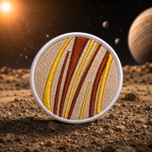 May include: A circular embroidered patch featuring a planet design. The patch has a tan background with brown and yellow stripes, a white border, and is set against a space-themed backdrop. The patch is approximately 3 inches in diameter.