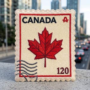 May include: A rectangular embroidered patch shaped like a postage stamp with a cream background and a red border. It features a large red maple leaf in the center, the word CANADA in black, a red letter A, and the number 120 in dark red.
