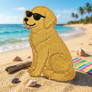 May include: An embroidered patch featuring a golden-colored dog sitting down. The dog is wearing black sunglasses and has its tongue slightly out. The embroidery uses golden yellow thread to depict the fur texture and black thread for the eyes.