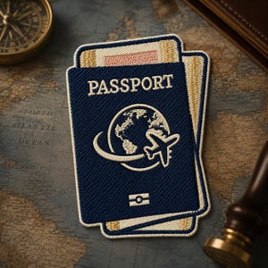 May include: A navy blue passport patch with the word "PASSPORT" embroidered in gold. The patch features a globe with a circling airplane. The patch is on a world map.