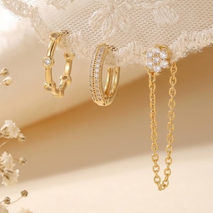 18K Gold Earring Set,Curated Ear Stack,Flower Chain Stud,Pave Huggie Hoop,Bezel CZ Hoop,Multiple Piercing Set,Bridal Gift,Gift For Her
