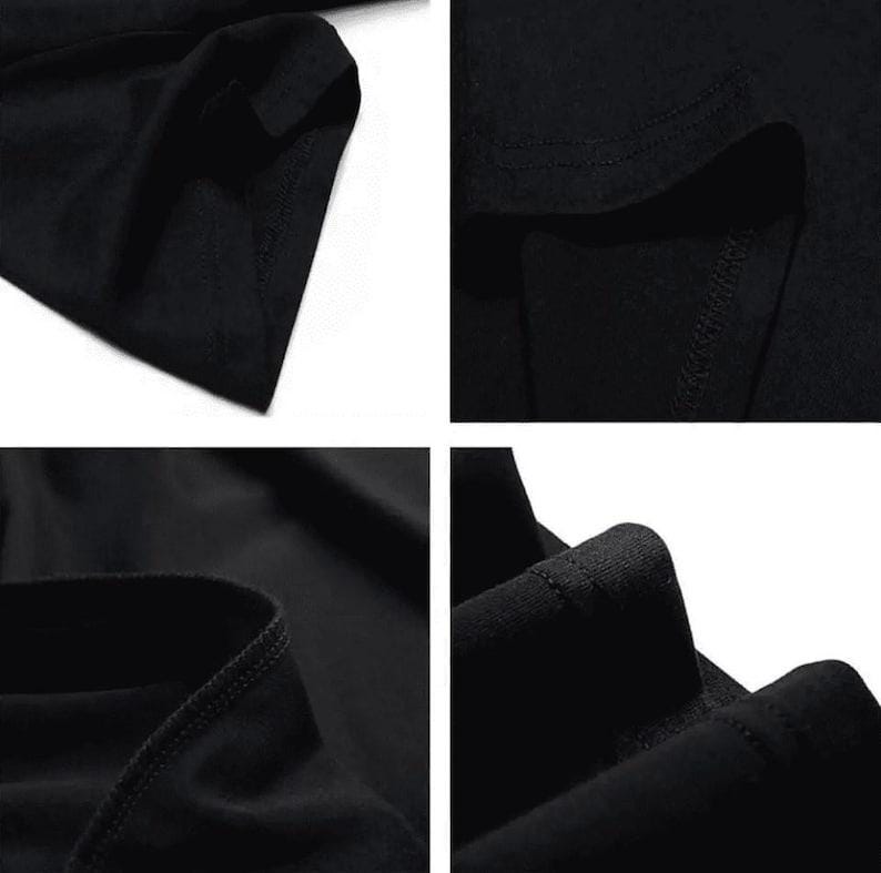 Pode incluir: Close-up de uma camiseta preta, mostrando a textura do tecido e os detalhes da costura. A imagem destaca a gola, o ombro e a bainha, enfatizando a constru&ccedil;&atilde;o da pe&ccedil;a de roupa. A cor escura sugere uma pe&ccedil;a de vestu&aacute;rio vers&aacute;til.