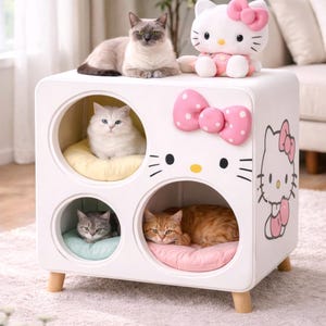 Puede incluir: Una casa para gatos blanca con cuatro aberturas circulares, cada una con un gato sobre un cojín. La casa está decorada con un diseño de Hello Kitty y un peluche. Los gatos son de varios colores, incluyendo gris, naranja y blanco.