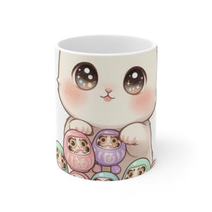 Kawaii Daruma Kitten Wish Stack Mug, Cute Japanese Art Coffee Cup, Anime Pet Lover Gift