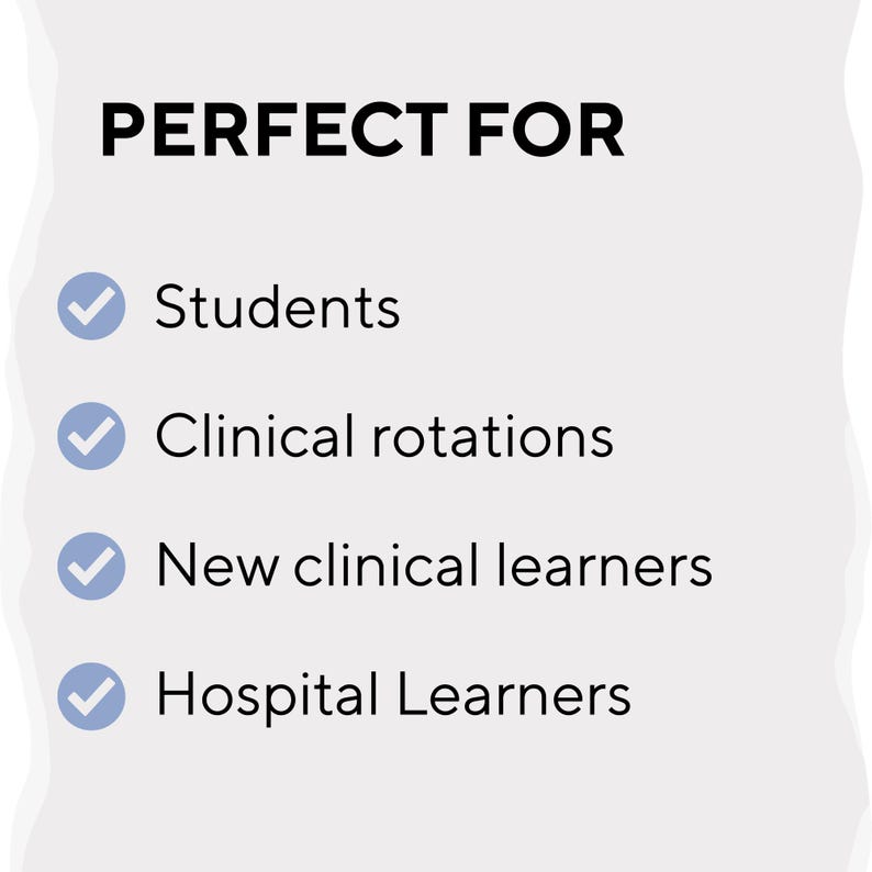 May include: A white informational graphic with black text that reads PERFECT FOR, followed by a list of four items each preceded by a blue checkmark icon: Students, Clinical rotations, New clinical learners, and Hospital Learners.