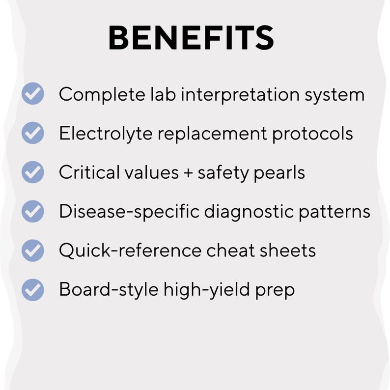 May include: A white informational card with the heading BENEFITS in black text. Below are six bullet points marked with light blue checkmarks: Complete lab interpretation system, Electrolyte replacement protocols, Critical values + safety pearls, Disease-specific diagnostic patterns, Quick-reference cheat sheets, and Board-style high-yield prep.