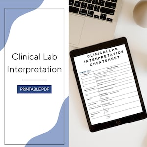 May include: A digital tablet displaying a Clinical Lab Interpretation Cheatsheet with hematology data, positioned next to a laptop. The screen shows a table with columns for disease and key lab findings, including text headers and rows of medical data.