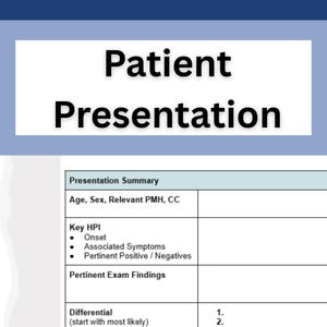 Op de afbeelding: Een medische presentatiedia met de titel "Patient Presentation" in vette zwarte letters. Hieronder een tabel met secties voor presentatie samenvatting, belangrijkste geschiedenis van de huidige ziekte en bevindingen van het onderzoek.
