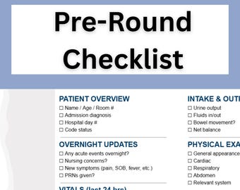 Liste de contrôle préliminaire | Outil clinique | adjoints au médecin, IP, étudiants en sciences infirmières et en médecine |  Rotation clinique (PDF imprimable)