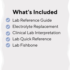 May include: A white informational card with the heading What's Included in black text. Below are five bullet points marked with light blue checkmark icons, listing Lab Reference Guide, Electrolyte Replacement, Clinical Lab Interpretation, Lab Quick Reference, and Lab Fishbone.