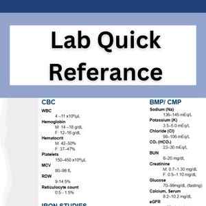 May include: A medical reference chart titled "Lab Quick Reference" with blood test values. The chart includes CBC and BMP/CMP results, such as WBC, Hemoglobin, Sodium, Potassium, and Glucose levels. The text is in a clear, easy-to-read format.
