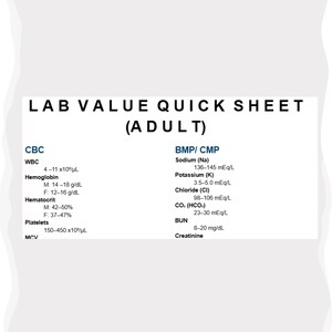 May include: A white sheet with black text titled "LAB VALUE QUICK SHEET (ADULT)". The sheet lists normal ranges for CBC and BMP/CMP blood tests, including WBC, Hemoglobin, Hematocrit, Platelets, Sodium, Potassium, Chloride, CO2, BUN, and Creatinine.
