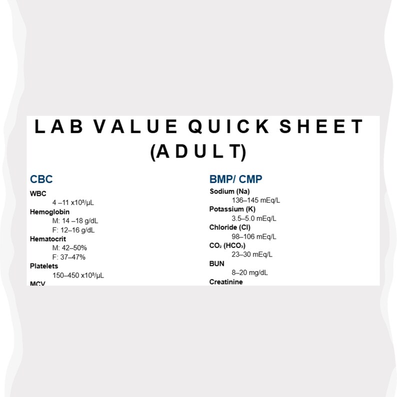 May include: A white sheet with black text titled "LAB VALUE QUICK SHEET (ADULT)". The sheet lists normal ranges for CBC and BMP/CMP blood tests, including WBC, Hemoglobin, Hematocrit, Platelets, Sodium, Potassium, Chloride, CO2, BUN, and Creatinine.