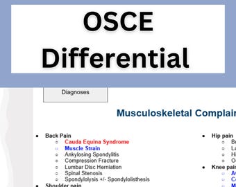 Fiche rapide de diagnostic différentiel ECOS | adjoints au médecin, IP, étudiants en sciences infirmières et en médecine | Rotation clinique (PDF imprimable)