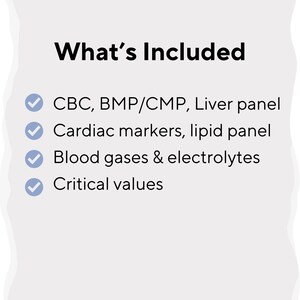 May include: An image displaying the text "What's Included" followed by a list of medical tests: CBC, BMP/CMP, Liver panel, Cardiac markers, lipid panel, Blood gases & electrolytes, and Critical values.