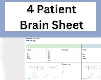 4 Feuille de cerveau de patient | Outil d'arrondissement clinique | adjoints au médecin, IP, étudiants en sciences infirmières et en médecine | Rotation clinique | Patient hospitalisé (PDF imprimable)