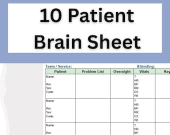 10 feuilles de cerveaux de patients | Outil d'arrondissement clinique | adjoints au médecin, IP, étudiants en sciences infirmières et en médecine |  Rotation clinique | Patient hospitalisé (PDF imprimable)