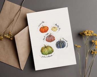 Calabazas originales pintadas a mano, tema otoñal, ilustración botánica, tarjeta de regalo, tarjeta de felicitación original, postal, sin impresión