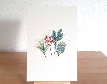 Postal original de hojas navideñas pintadas a mano, hojas de pino de invierno, pintura botánica, una sola cara, tarjeta de regalo, sin impresión