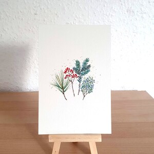 Cartolina originale dipinta a mano con foglie di Natale, foglie di pino invernale, pittura botanica, lato singolo, carta regalo, nessuna stampa