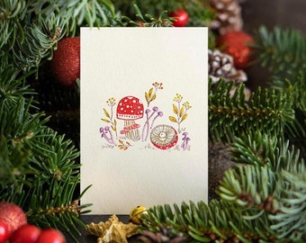 Illustration originale de champignon peint à la main, thème de Noël, carte-cadeau, carte de voeux, carte postale, pas d'impression