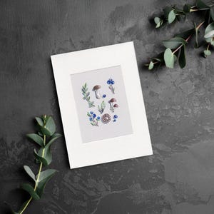 Tarjeta original pintada a mano, Colección de artículos naturales, Setas y bayas azules, Bayas del bosque, Tarjeta de regalo, Postal, Inspiración de la naturaleza