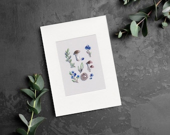Tarjeta original pintada a mano, Colección de artículos naturales, Setas y bayas azules, Bayas del bosque, Tarjeta de regalo, Postal, Inspiración de la naturaleza