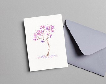 Tarjeta original pintada a mano, árbol de hojas rosas, árbol de primavera, tema de primavera, tarjeta de regalo, postal, inspiración de la naturaleza, arte botánico