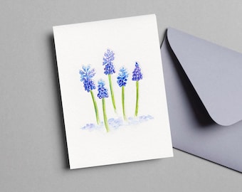 Tarjeta original pintada a mano, flores de Muscari azules, collage de flores, tarjeta de regalo, postal, inspiración de la naturaleza, arte botánico