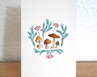 Champignons d'automne et feuilles de forêt peints à la main, illustration de champignon, illustration botanique, carte postale, pas d'impression