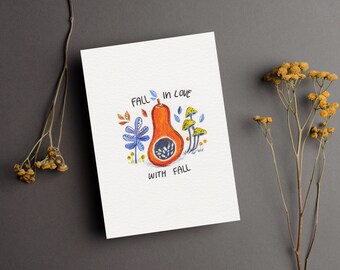 Ilustración original de calabaza pintada a mano, tema otoñal, ilustración botánica, tarjeta de regalo, tarjeta de felicitación, postal, sin impresión
