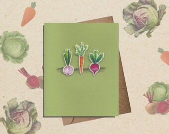 Tarjeta de regalo de verduras pintadas a mano, collage de verduras de raíz, ilustración de jardín, ilustración de verduras, envío gratuito condicional