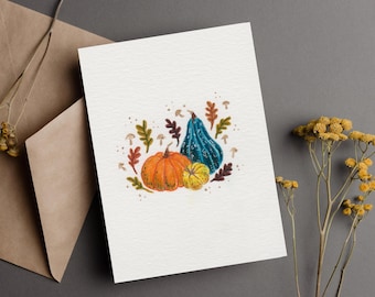 Calabazas coloridas originales pintadas a mano, tema otoñal, ilustración botánica, tarjeta de regalo, tarjeta de felicitación, postal, sin impresión