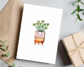 Tarjeta postal, vasija femenina de ramas verdes, ilustración de planta verde, una cara, tarjeta de regalo
