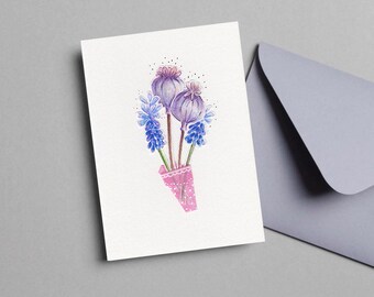 Tarjeta original pintada a mano, flores rosas y azules, tarjeta con collage, tarjeta de regalo, postal, inspiración de la naturaleza, arte botánico