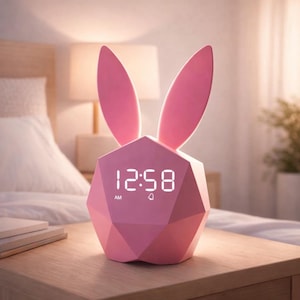 May include: A pink bunny-shaped digital alarm clock with large, upright ears. The clock face displays the time in white digits. The geometric design sits on a wooden nightstand in a bedroom setting.