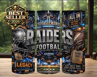 Diseño de sublimación para vaso térmico de los Raiders, imagen PNG para el día del partido de fútbol americano (descarga digital)