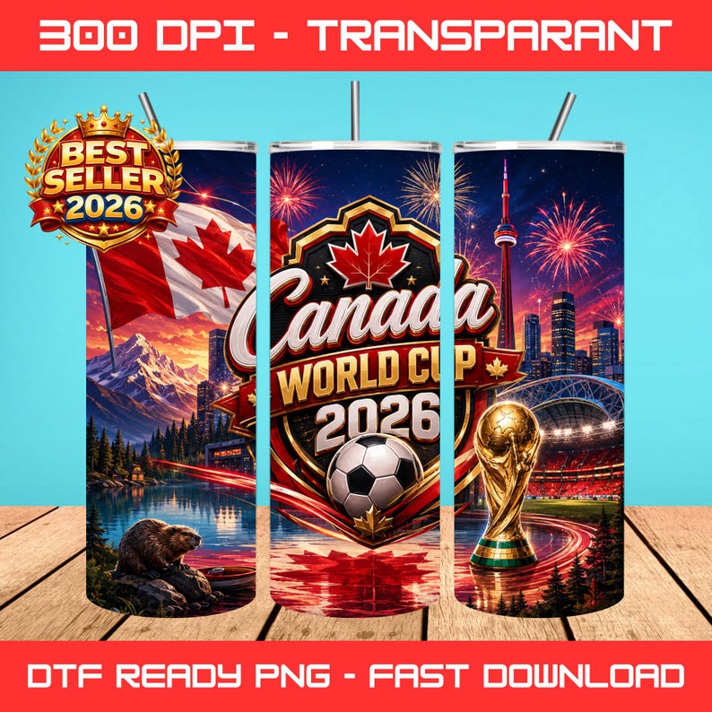 Puede incluir: Un juego de tres vasos de acero inoxidable con un dise&ntilde;o de la Copa Mundial de Canad&aacute; 2026. Cada vaso presenta una escena diferente, incluyendo una bandera canadiense, un bal&oacute;n de f&uacute;tbol y un estadio con el trofeo de la Copa del Mundo. Los vasos tienen una pajita.