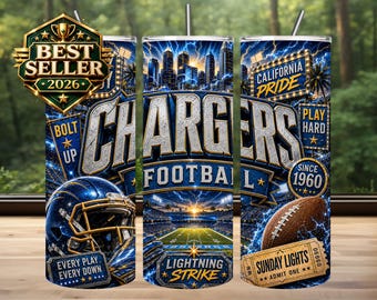 Diseño de vaso térmico Chargers para sublimación, día de partido de fútbol americano PNG (descarga digital)