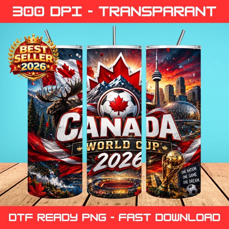 Puede incluir: Tres vasos de acero inoxidable con pajitas presentan un dise&ntilde;o de la Copa Mundial de Canad&aacute; 2026. El dise&ntilde;o incluye un bal&oacute;n de f&uacute;tbol con una hoja de arce, un alce, la Torre CN y el texto "CANADA WORLD CUP 2026".