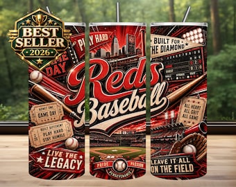 Diseño de sublimación para vaso térmico de los Reds, imagen PNG para día de partido de béisbol (descarga digital)